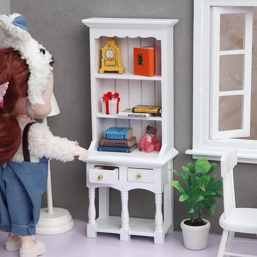 Miniatura 7 de AirAds Muebles para casa de muñecas a escala 1:12, gabinete de exhibición de madera en miniatura, mueble blanco (juego de 2) (gabinete de 2 cajones)