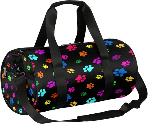 Bolsa de lona colorida con estampado de patas de perro y gato con correa de hombro desmontable, bolsa de gimnasio deportiva para estudiantes, 17.6 x