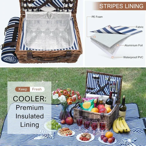 Miniatura 3 de Cesta de picnic para 4 personas – Cestas con hielera y manta de picnic, cesta de picnic clásica de mimbre con alfombrilla de playa impermeable y a