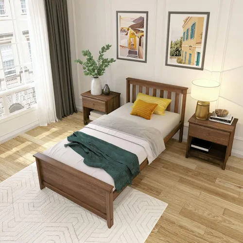 Miniatura 5 de Plank+Beam Estructura de cama individual de madera maciza, cama plataforma con cabecero, color nogal