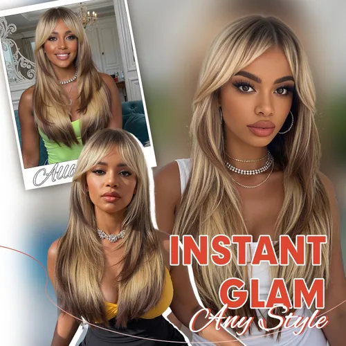 Miniatura 6 de Allbell - Peluca larga y lacia para mujer, color ombré castaño claro a rubio con flequillo, con reflejos, de cabello sintético, resistente al calor