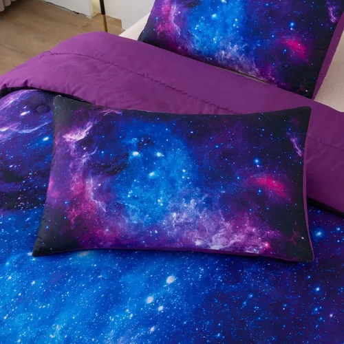Miniatura 4 de NINENINE Juego de edredón de galaxia para niñas, tamaño individual, juego de edredón morado en una bolsa, juego de ropa de cama individual con 1