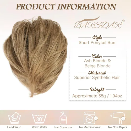 Miniatura 4 de BARSDAR Extensiones de Moño de Cabello Liso - Extensiones de Moño de Cola de Caballo Corta y Lisa para Mujeres, Coleteros de Moño de Cabello