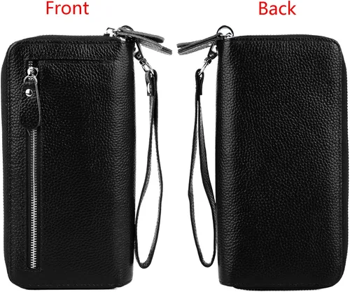 Miniatura 5 de YALUXE Cartera de cuero para mujer con bloqueo RFID, doble cremallera, tamaño grande, para smartphone