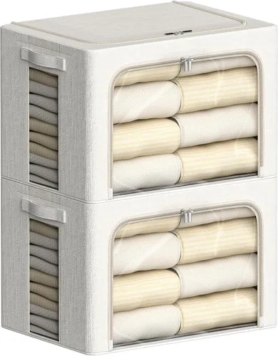 Miniatura 21 de FHSQX Paquete de 2 contenedores de almacenamiento de ropa apilables, caja de almacenamiento con marco de metal, organizador plegable de tela de lino