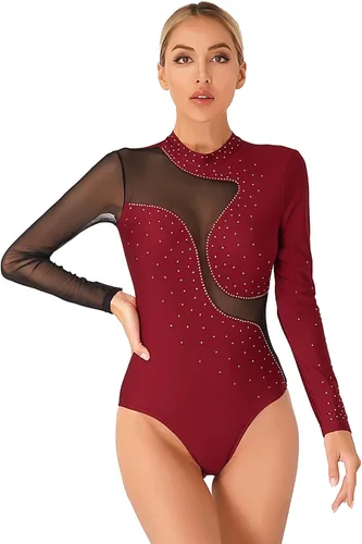 Miniatura 6 de iiniim Leotardo de malla para mujer, con diamantes de imitación, de malla, de manga larga, leotardos de gimnasia