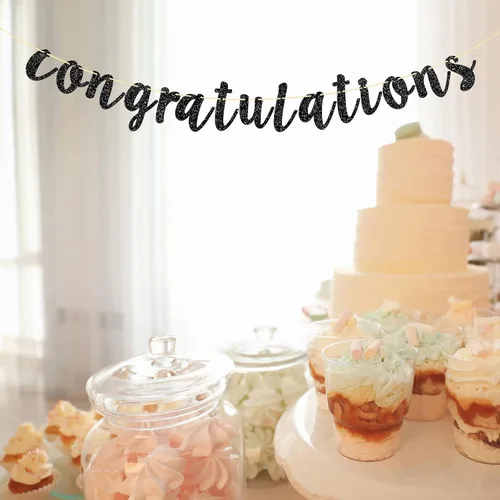 Miniatura 6 de Cartel de felicitaciones con purpurina negra para bodas, aniversarios, graduaciones, banderines de felicitaciones, suministros de decoración