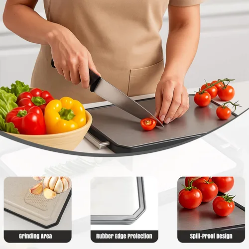 Miniatura 2 de TYSAN Tabla de cortar de titanio para cocina – Tabla de cortar de metal 2 en 1 para picar carne/verduras – Tabla de cortar de titanio puro y paja