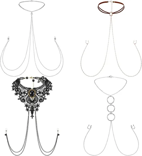 4 piezas de sujetador sin perforación, cadena corporal con collares, cadena corporal no perforante, con cadena ajustable, brasier corporal, joyería