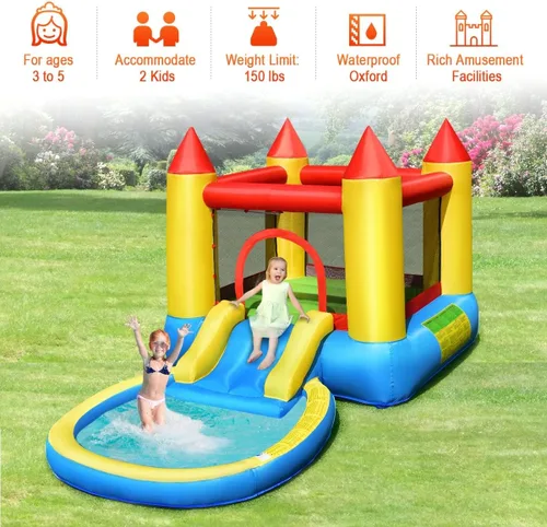 Miniatura 9 de Costzon Casa inflable de rebote con tobogán acuático con piscina de bolas y piscina de salpicaduras, castillo de salto animoso para niños diversión