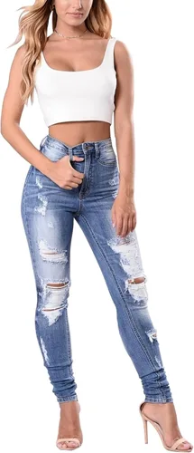 Miniatura 47 de KUNMI - Pantalones de mezclilla clásicos de cintura alta para mujer, elásticos, con efecto de levantamiento de glúteos, ajustados