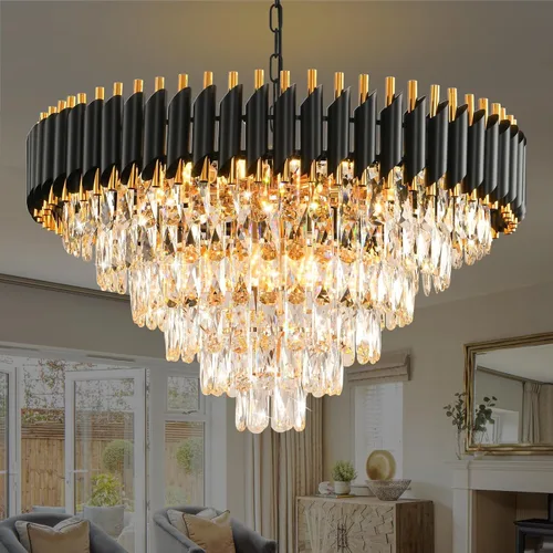 Miniatura 14 de Candelabro de cristal moderno dorado de 5 niveles para sala de estar, lámpara de araña grande de cristal negro, lámpara colgante de techo