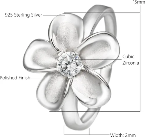 Miniatura 4 de Anillo de plata de ley 925 con flor de plumeria hawaiana de 0.59 pulgadas con circonita cúbica, chapado en oro de 14 quilates, sin níquel