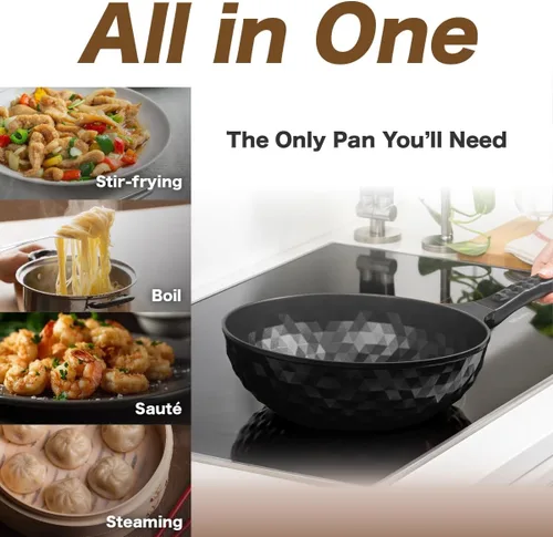 Miniatura 4 de Diamond X Premium Sartén Wok Antiadherente - Wok Chino Grande de Fondo Plano de 11" - Woks y Sartenes para Saltear Antiadherentes - Sartén