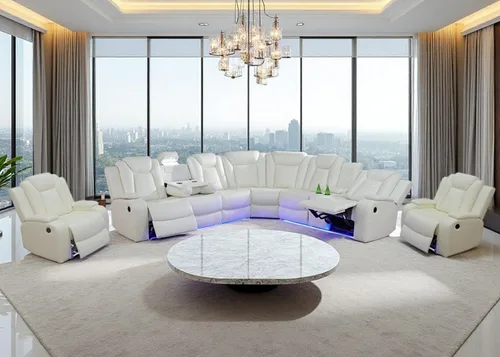 Miniatura 13 de Juegos de Muebles para Sala de Estar, Juego de Sofá Reclinable Eléctrico, Cuero Blanco Vainilla, Seccional de 2 Reclinables con Luz LED