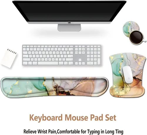 Miniatura 5 de ArtSo Reposamuñecas para teclado + alfombrilla para mouse con soporte para reposamuñecas ergonómico + juego de posavasos 3 en 1, base Mármol azul