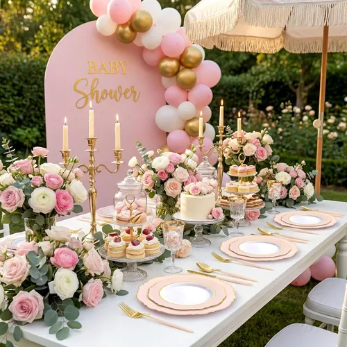 Miniatura 3 de WDF 30Guest - Platos de plástico rosa y cubiertos de plástico dorado con mango rosa, barroco rosa y dorado para bodas y fiestas de lujo, día
