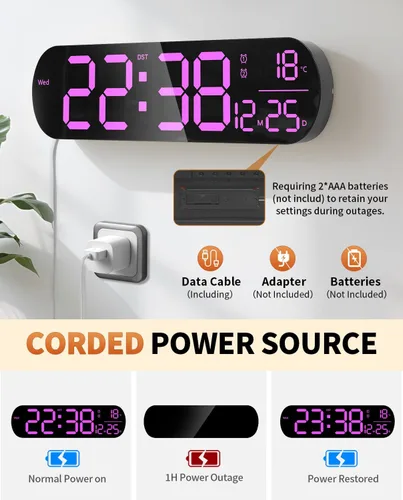 Miniatura 9 de Reloj de pared digital grande de 14", cuenta regresiva, alarma, LED grande, 11 colores RGB, temperatura para sala de estar, aula, escritorio, regalo