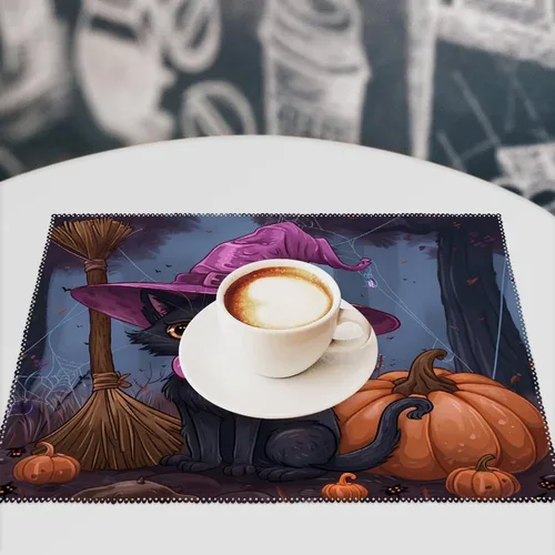 Miniatura 7 de Halloween Cat Pumpkin Lantern Placemats Set of 6 Resistant Table Mats Washable Place Mats for Dinner Party Table Decoration