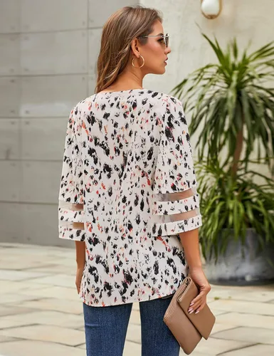 Miniatura 4 de LookbookStore - Camisa para mujer, estampada, con cuello en V, mangas 34 acampanadas con paneles de malla