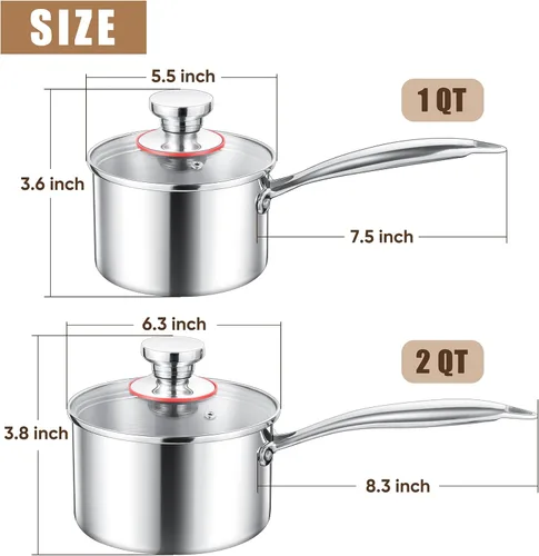 Miniatura 2 de E-far Juego de cacerolas de acero inoxidable, 1 cuarto y 2 cuartos de galón, olla triple con tapa para cocinar pasta, calentar leche hirviendo agua