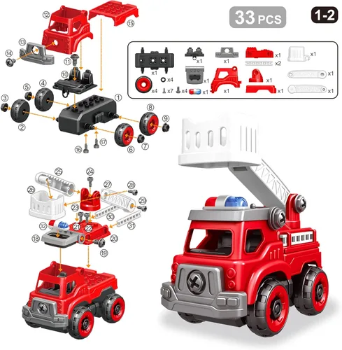 Miniatura 6 de Camión de juguetes desmontables 4 en 1 con taladro eléctrico, vehículos de juguete camión de bomberos de montaje DIY, juguetes de autos educativos