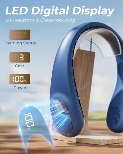 Miniatura 6 de Ventilador de cuello, ventilador personal con pantalla LED, recargable USB-C, batería de 4000 mAh, ajuste de 3 velocidades y funcionamiento