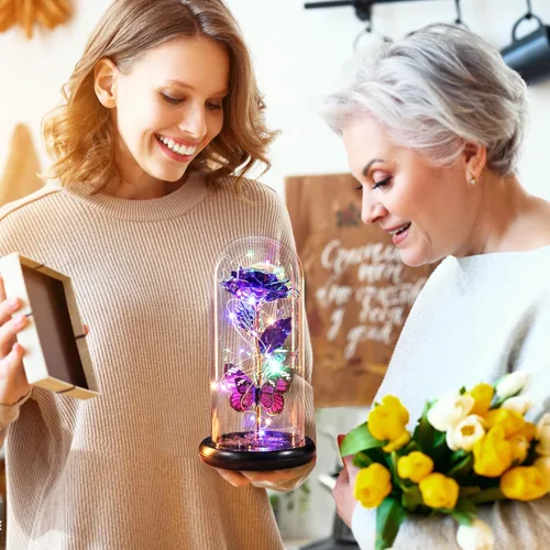 Miniatura 4 de Regalo de cumpleaños para el día de la madre para mamá de hija, hijo, rosa morada, flor eterna iluminada en cúpula de cristal con mariposa, regalos