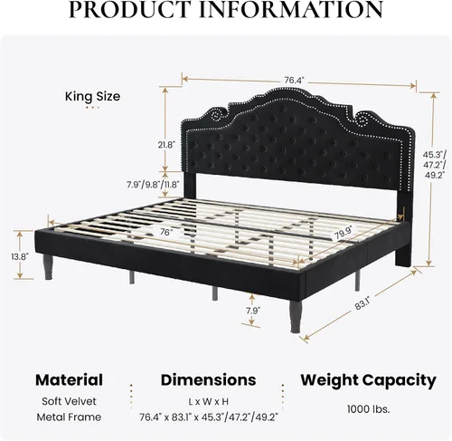 Miniatura 2 de SHA CERLIN Marco de cama tamaño completo con cabecera ajustable/Tapizado de terciopelo/Capitoné con botones de diamante y tachuelas de metal/No