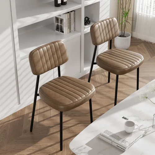 Juego de 2 sillas de comedor marrones, modernas sillas de comedor de piel sintética con respaldo de asiento grueso y patas de metal, cómodas sillas