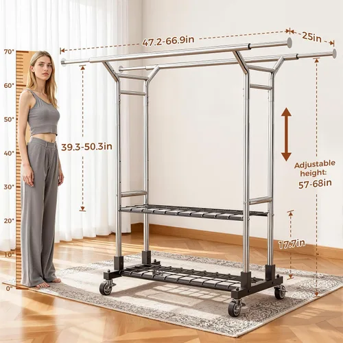 Miniatura 6 de Luxspire Perchero resistente con carga de 650 libras, percheros de ropa de doble barra para colgar ropa, estantes de ropa rodantes con ruedas