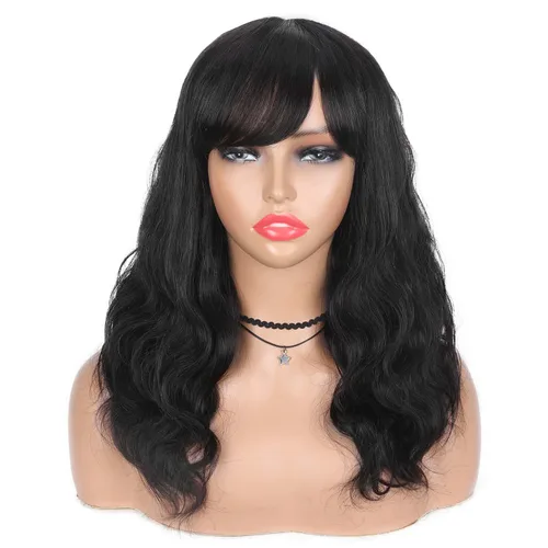 Miniatura 3 de Pelucas de cabello humano WIGER con onda natural con flequillo, línea de cabello mejorada, cabello ondulado suelto negro para mujeres, peluca