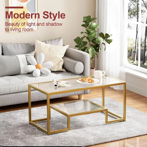 Miniatura 3 de Mesa de café Wolawu Mesa de café dorada de vidrio para sala de estar, mesa de centro rectangular de 2 niveles con tapa de vidrio acanalada y marco