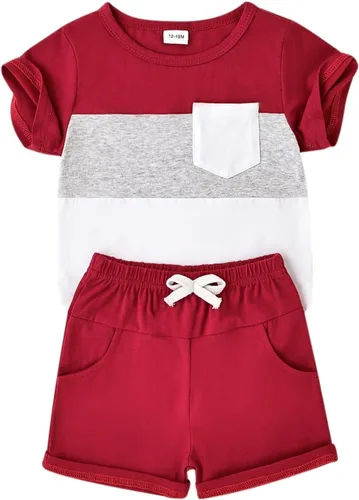 Miniatura 54 de Ropa para bebé niño pequeño, trajes de verano de manga corta, camiseta de retazos y pantalón con bolsillo, conjunto de 2 piezas, 12 meses a 4 años