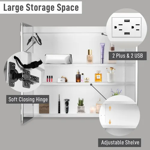Miniatura 7 de Karl home Botiquín de baño de 32 x 28 pulgadas con 2 puertas con espejo LED, gabinete de baño regulable de 3 colores montado en la pared con Blanco