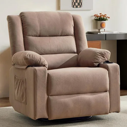 Miniatura 10 de Mecedora reclinable para adultos, silla reclinable giratoria de 360° con masaje y calefacción, mecedora manual con portavasos para sala de estar