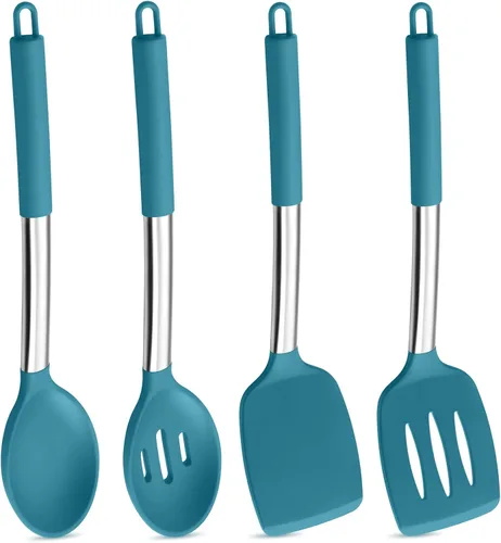 Miniatura 13 de P&P CHEF Juego de 4 utensilios de cocina de color caqui, espátulas sólidas de silicona, cucharas ranuradas para utensilios de cocina antiadherentes