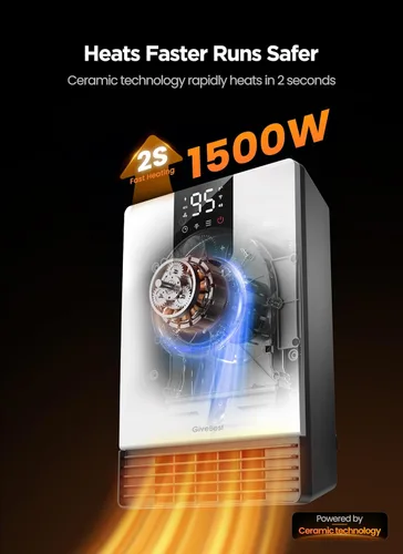 Miniatura 2 de GiveBest Calentador de pared para baño, calentador eléctrico de calentamiento rápido de 1500 W con enchufe ALCI, termostato ajustable, 3 modos
