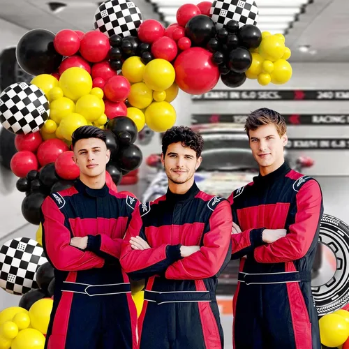 Miniatura 6 de Kit de arco de globos de auto de carreras de 132 piezas, decoraciones de fiesta con globos rojos, negros y amarillos, globos de rueda a cuadros