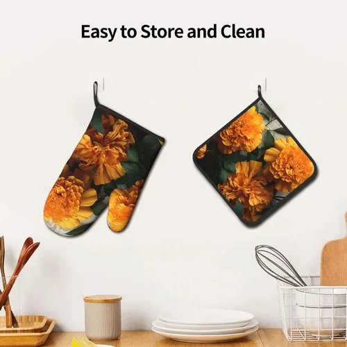 Miniatura 5 de Juego de 2 manoplas de horno y soportes para ollas, resistentes al calor, guantes de horno de cocina, caléndula antideslizantes y agarraderas
