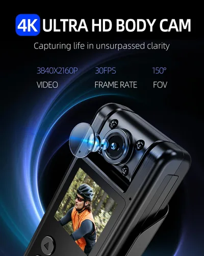 Miniatura 2 de VIDCASTIVE Cámara corporal WiFi 4K con tarjeta de memoria de 64G, cámara portátil desgastada con lente giratoria de 180°, visión nocturna, batería