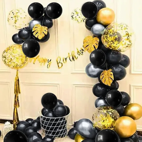 Miniatura 3 de Paquete de 50 globos de látex metálicos negros y dorados de 12 pulgadas con 1 rollo de cinta para decoración de cumpleaños, graduación, celebración