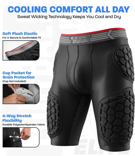Miniatura 2 de Exxact Sports Elite - Faja de fútbol para adultos con 5 almohadillas para hombres con bolsillo para tazas, pantalones cortos de compresión