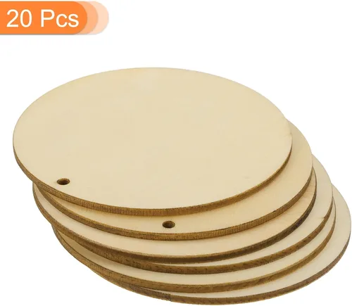 Miniatura 3 de uxcell 20 unidades de círculos redondos de madera sin terminar de 2.756 in (2.8 pulgadas) con agujeros, discos redondos de madera, etiquetas