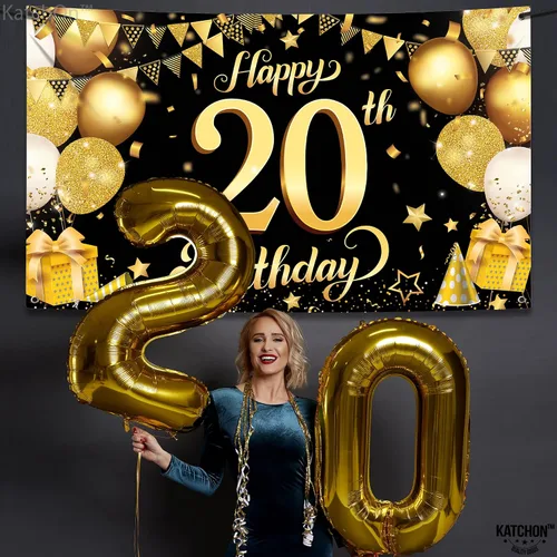 Miniatura 7 de KatchOn, Cartel de feliz cumpleaños número 20 negro y dorado – Grande, 72 x 44 pulgadas Cartel de 20 cumpleaños Saludos a los 20 años