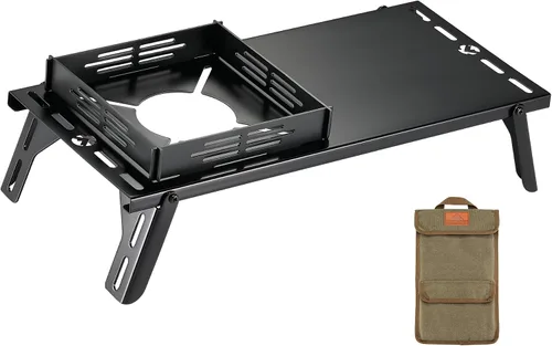 CAMPINGMOON - Mesa de campamento individual pequeña con escudo térmico de acero inoxidable, ligera, compacta con bolsa de almacenamiento para estufa