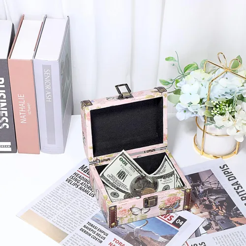 Miniatura 7 de ELLDOO Caja Decorativa de Cofre del Tesoro, Caja de Almacenamiento de Madera + Cuero PU para Joyas y Baratijas, Caja de Recuerdos para Mujeres