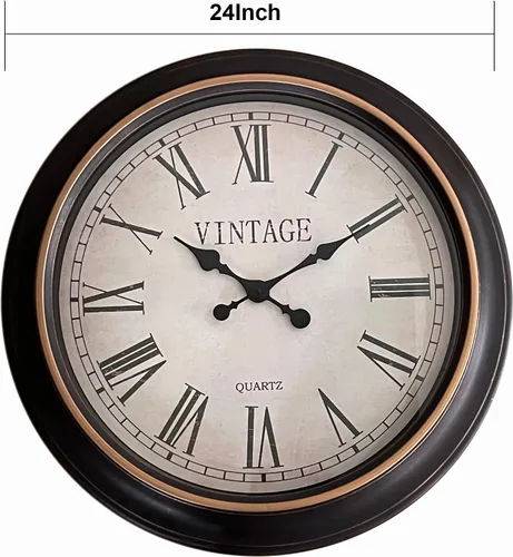 Miniatura 2 de Reloj de pared de 24 pulgadas retro redondo con números romanos grandes, movimiento silencioso sin tictac que funciona con pilas, reloj de pared