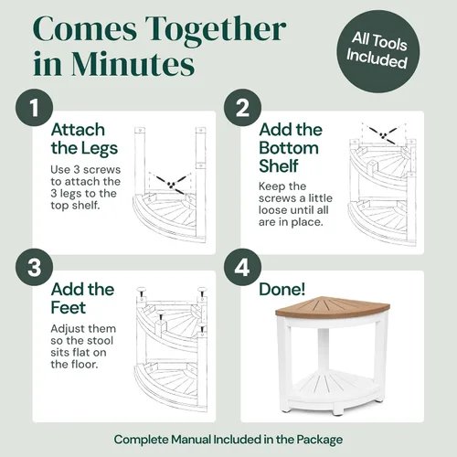 Miniatura 6 de ROHKEX Taburete de ducha esquinero impermeable, paquete de 1, blanco y marrón, taburete de afeitar estable para piernas, asiento de banco de ducha