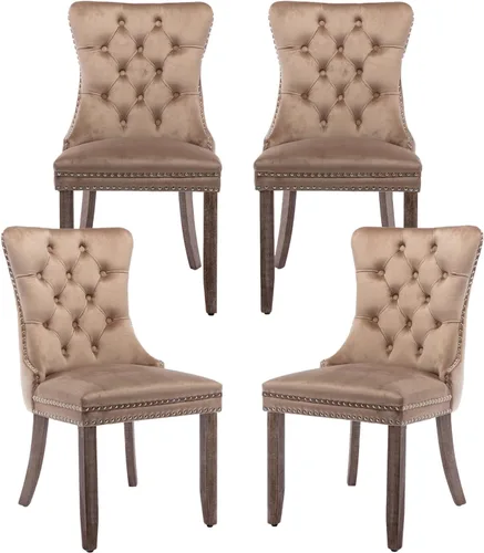 Miniatura 53 de Juego de 2 sillas de comedor de terciopelo, silla de comedor tapizada de alta gama con tirador de anillo en la espalda, adorno de clavos y patas